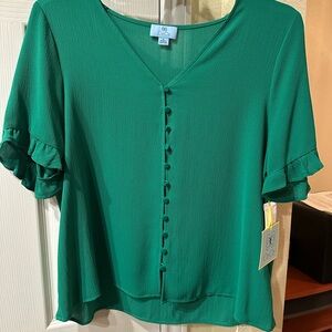 CeCe Emerald Green Button-Front Ruffle Sleeve Blouse